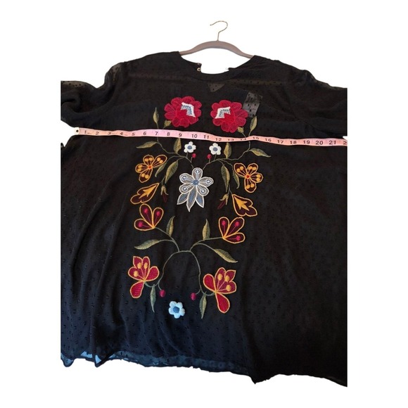 Boho Black Floral Embroidered Sheer Swiss Dot Blouse Top XL - Picture 14 of 14